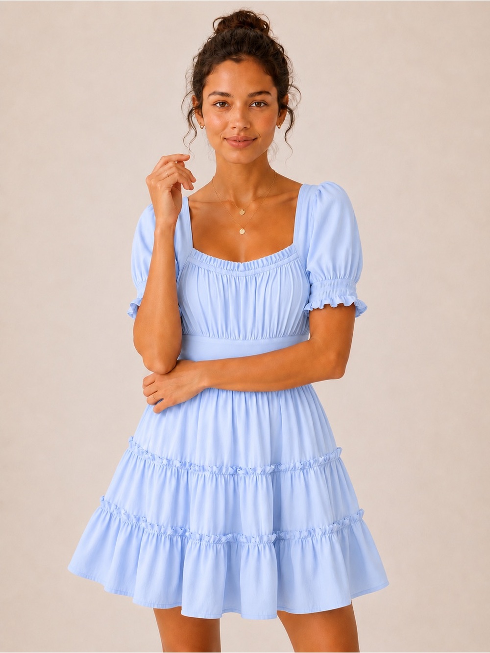 Altar’d State Light Sky Blue Smocked Back Tiered Ruffle Hem Mini Dress Coastal